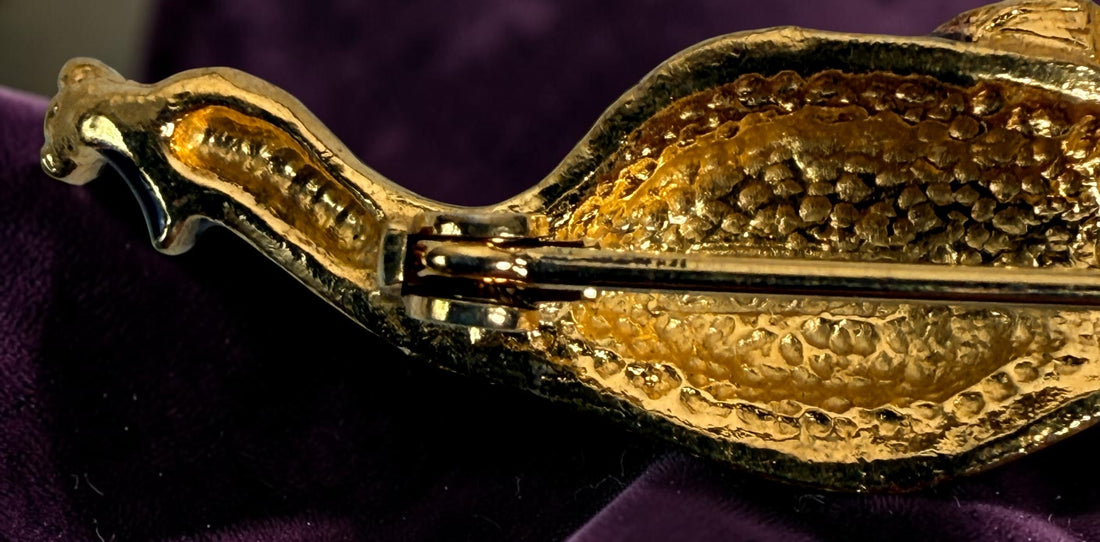 Vintage signed Sphinx 2046 peacock brooch with purple enamel, gold-tone openwork and colourful rhinestones. British costume jewellery.