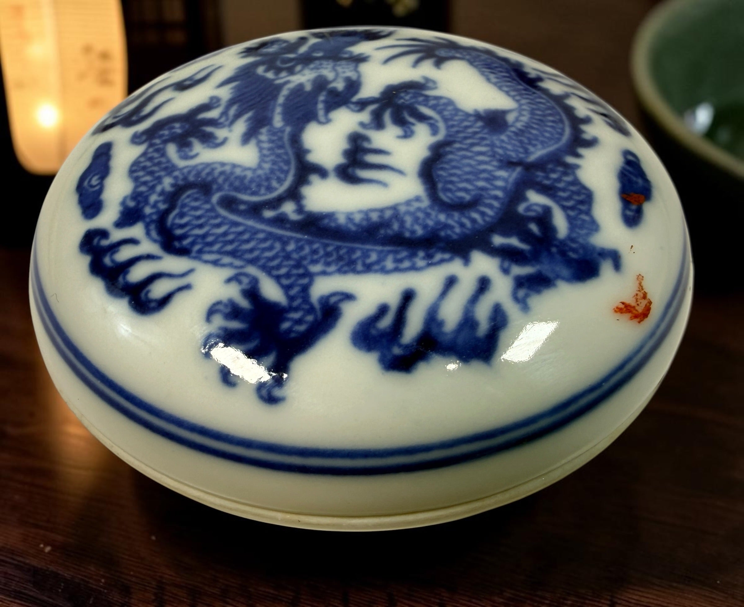 Vintage 1986 OOCL Chinese carved soapstone chop seal set with porcelain paste box, spatula and original brocade presentation case.