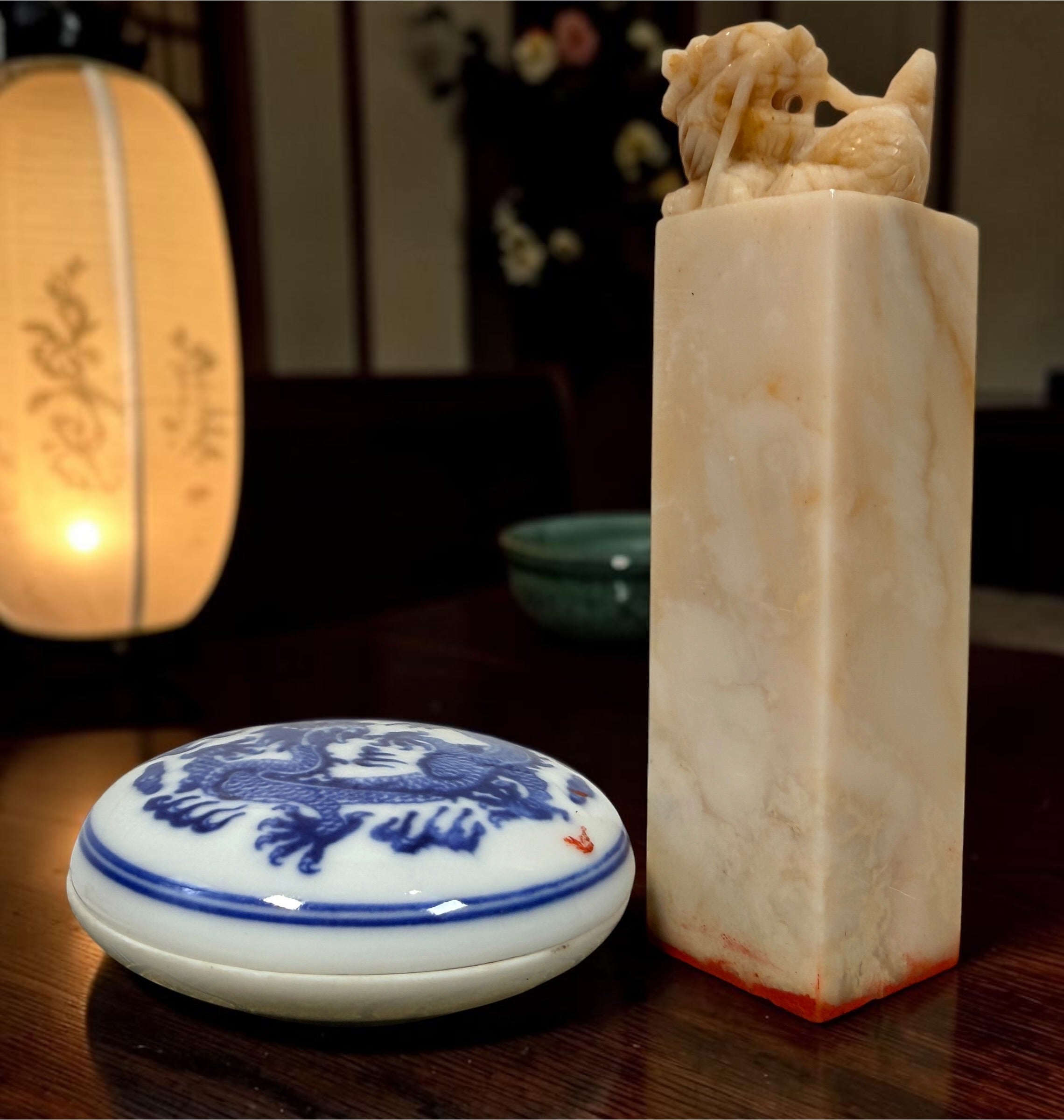 Vintage 1986 OOCL Chinese carved soapstone chop seal set with porcelain paste box, spatula and original brocade presentation case.