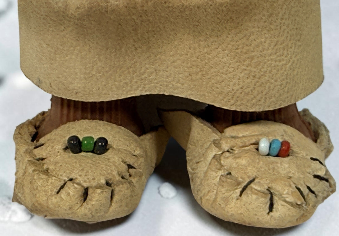 Vintage Hong Kong Inuit-style souvenir doll with sleep eyes, faux-fur parka and beaded footwear. 1960s–1970s collectible in worn condition.