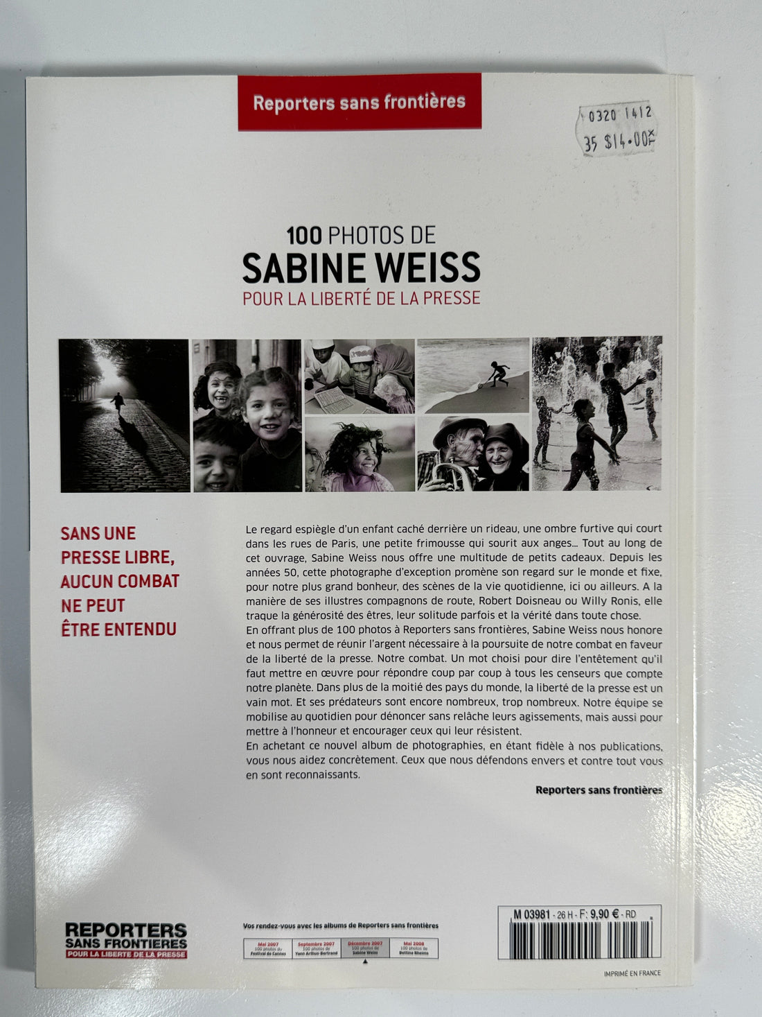 Book cover with a black and white photo of a child and text about Sabine Weiss on a white background