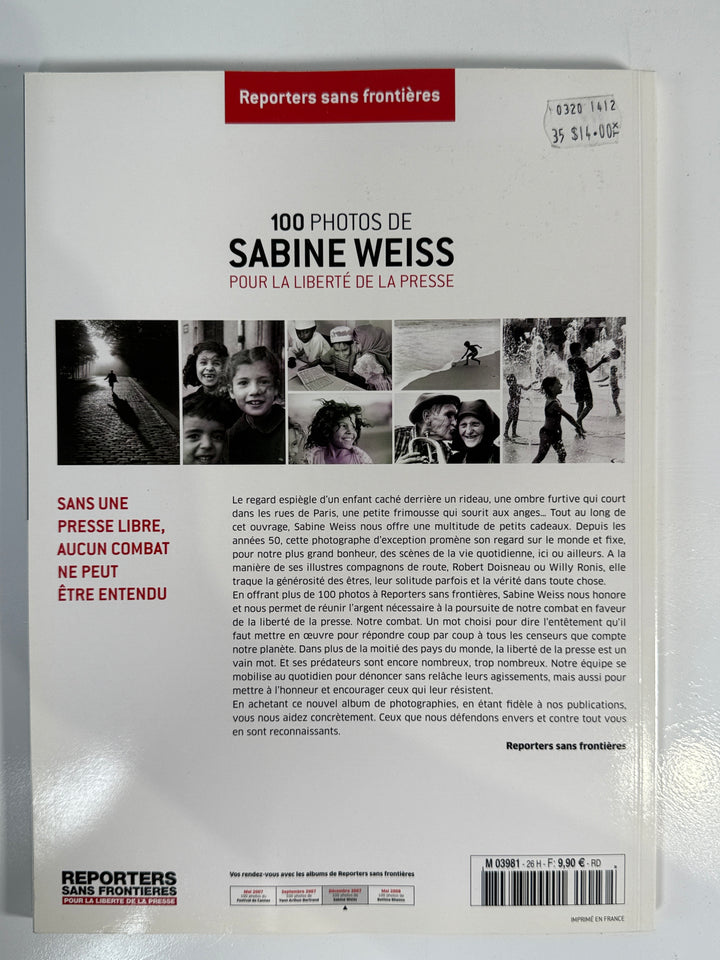 Book cover with a black and white photo of a child and text about Sabine Weiss on a white background