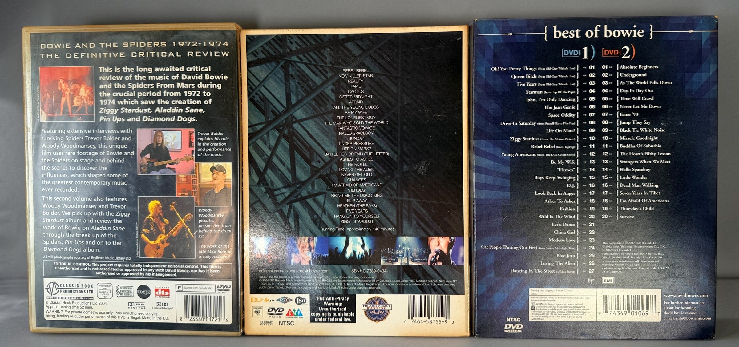 David Bowie 4-disc DVD lot with Best of Bowie, A Reality Tour and Inside Bowie and the Spiders 1972–1974. Pre-owned collector set