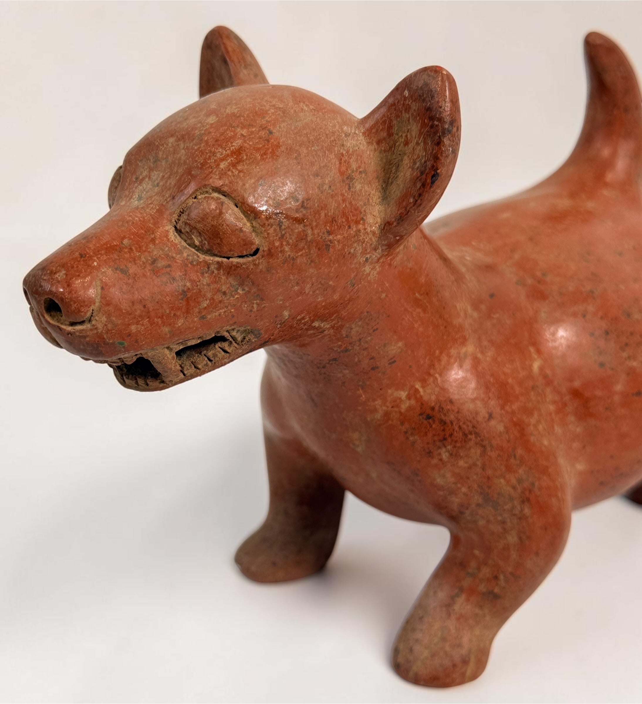 Vintage Mexican Colima-style redware pottery dog with aged patina, expressive teeth and GP mark. Decorative pre-Columbian revival folk art.