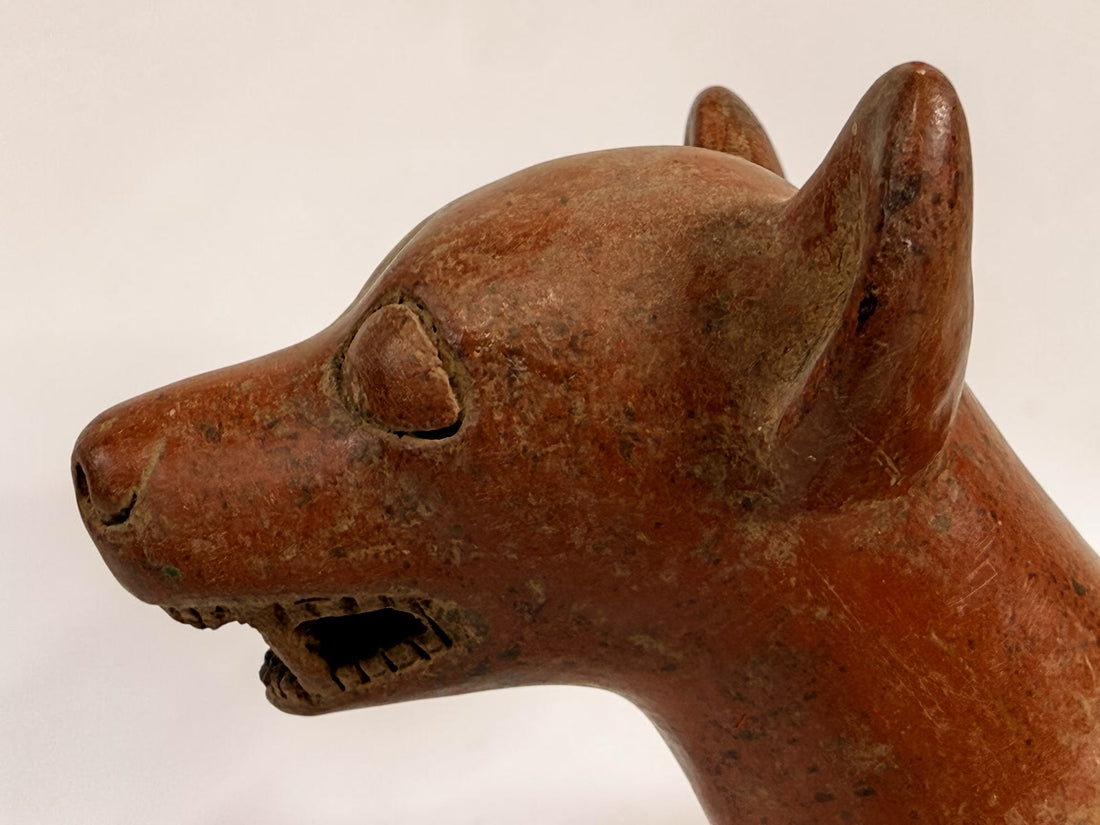 Vintage Mexican Colima-style redware pottery dog with aged patina, expressive teeth and GP mark. Decorative pre-Columbian revival folk art.
