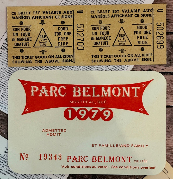 Original 1979 Parc Belmont Montreal family pass with two unused ride tickets and presentation envelope. Collectible Montreal amusement-park ephemera.