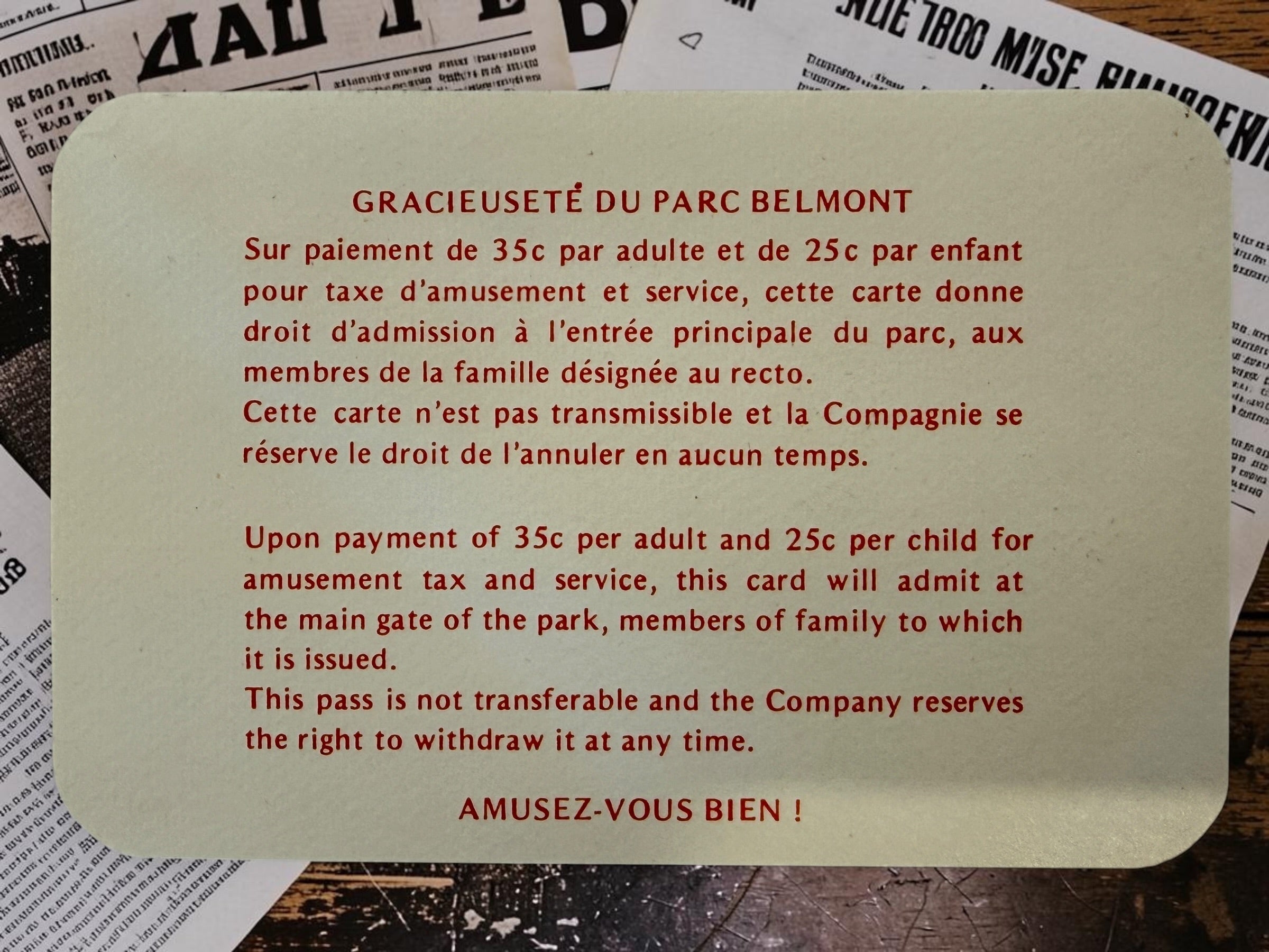 Original 1979 Parc Belmont Montreal family pass with two unused ride tickets and presentation envelope. Collectible Montreal amusement-park ephemera.