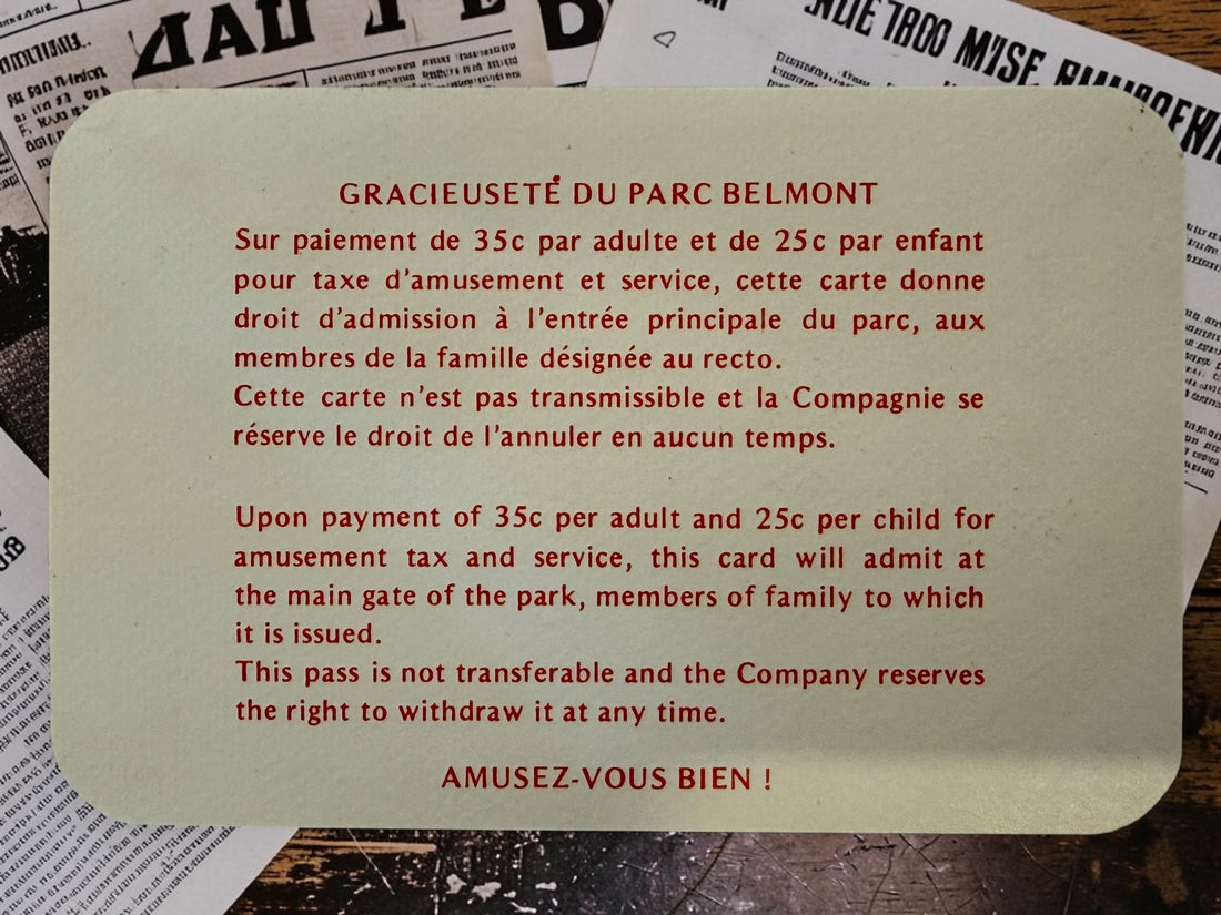 Original 1979 Parc Belmont Montreal family pass with two unused ride tickets and presentation envelope. Collectible Montreal amusement-park ephemera.