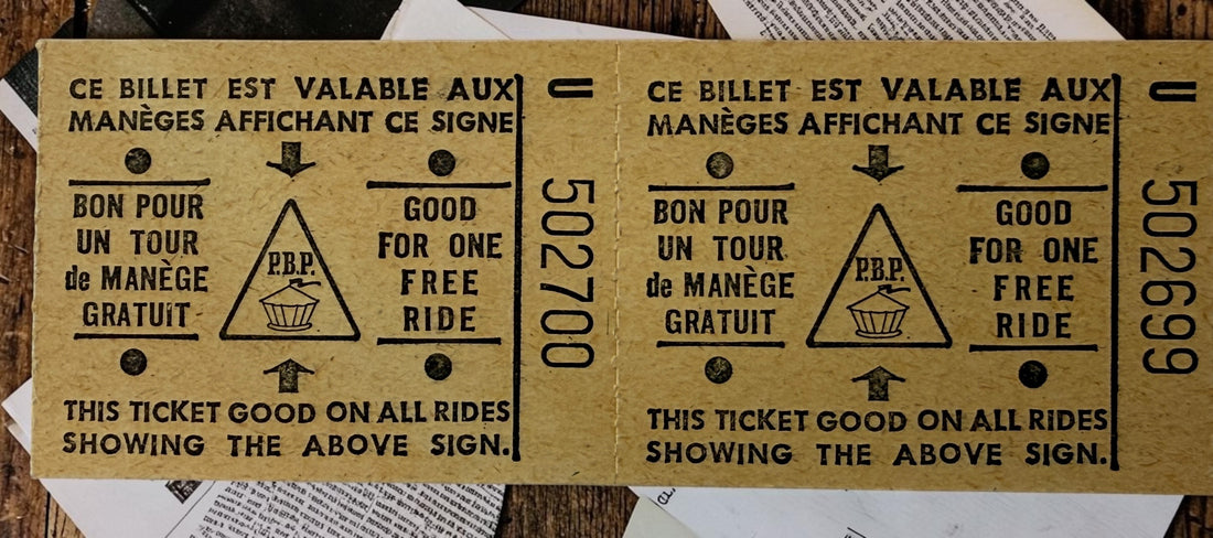 Original 1979 Parc Belmont Montreal family pass with two unused ride tickets and presentation envelope. Collectible Montreal amusement-park ephemera.
