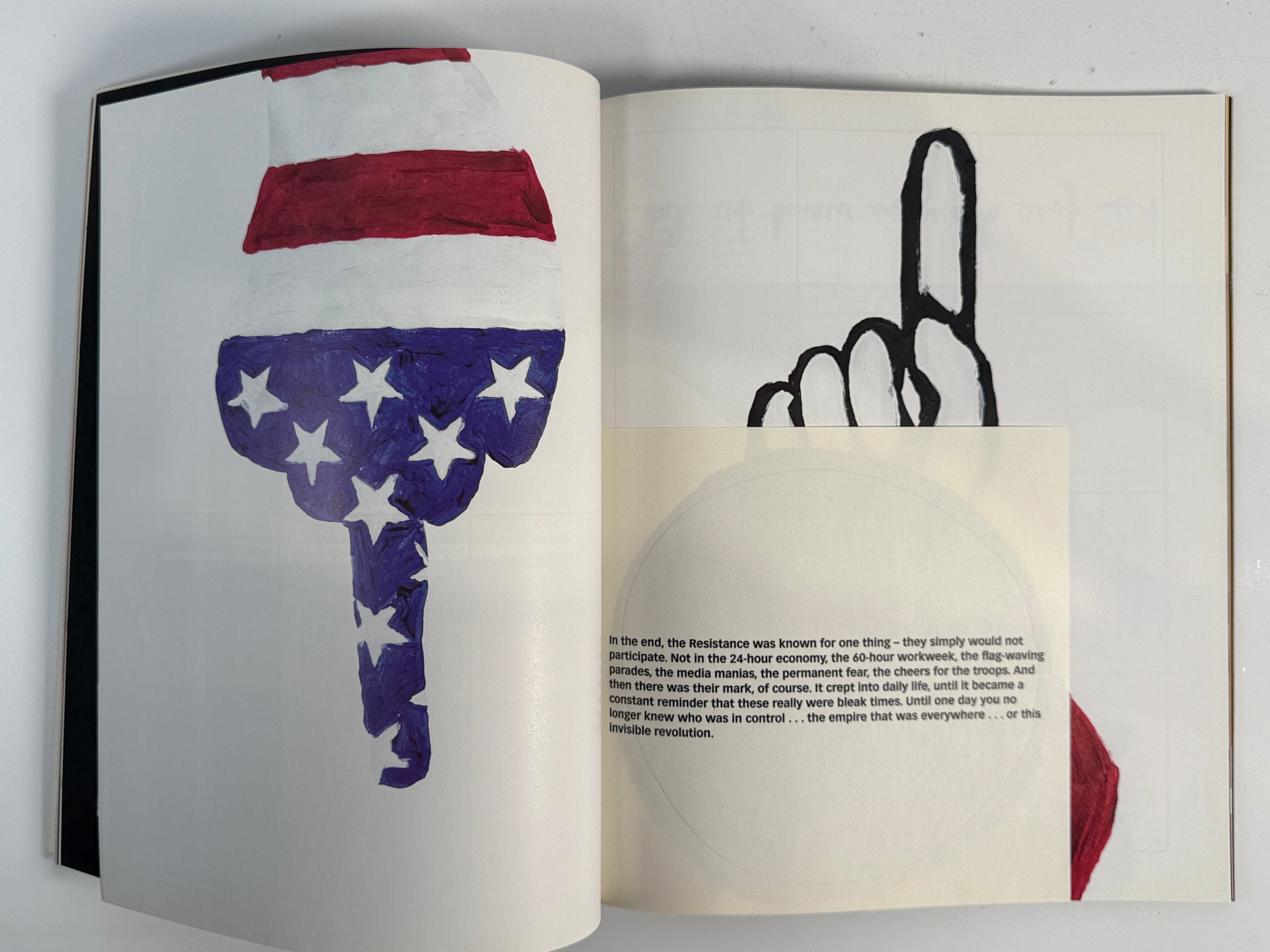 Open book with illustrations of a flag and a hand, on a white background