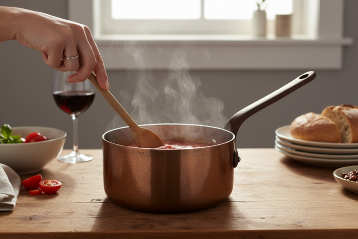 Vintage French copper saucepan with cast iron handle and tin lining, 11.25″ diameter, mid-century professional cookware, made in France.