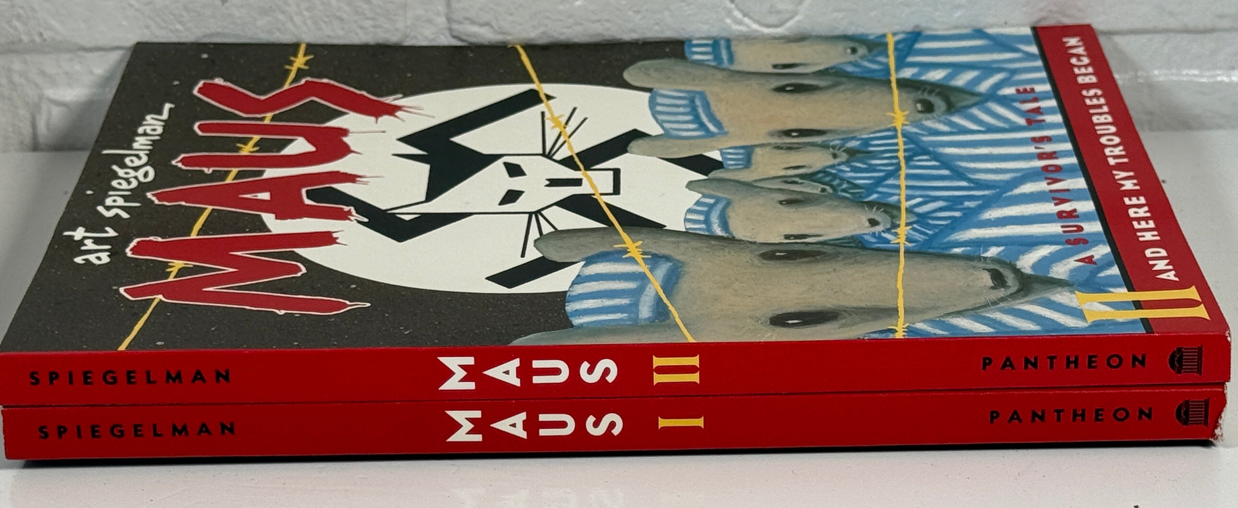 Two books titled 'Maus' by Art Spiegelman on a white surface with a gray brick wall background.