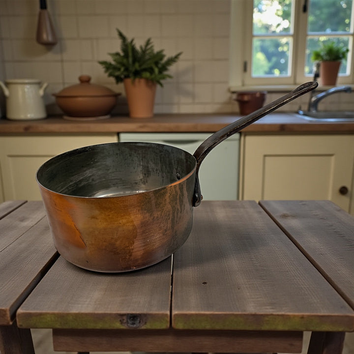 Vintage SAGOR Villedieu French copper saucepan, heavy gauge, tin-lined, 8” size with cast iron handle. Collectible cookware for chefs and copper lovers.