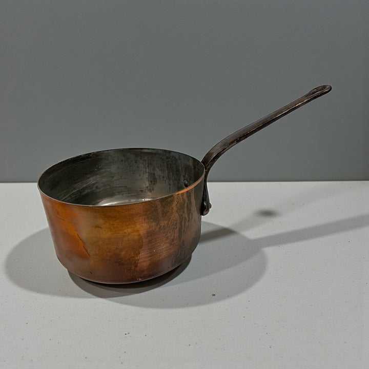 Vintage SAGOR Villedieu French copper saucepan, heavy gauge, tin-lined, 8” size with cast iron handle. Collectible cookware for chefs and copper lovers.