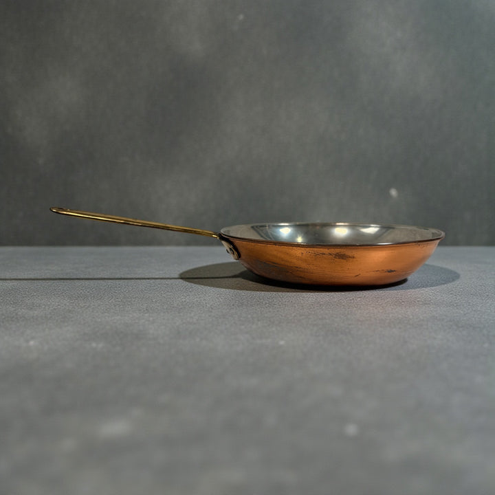 Vintage Portuguese copper saucepan, 8.25in tin-lined with brass handle. Solid copper cookware suitable for display or use. 1970s–90s export piece.