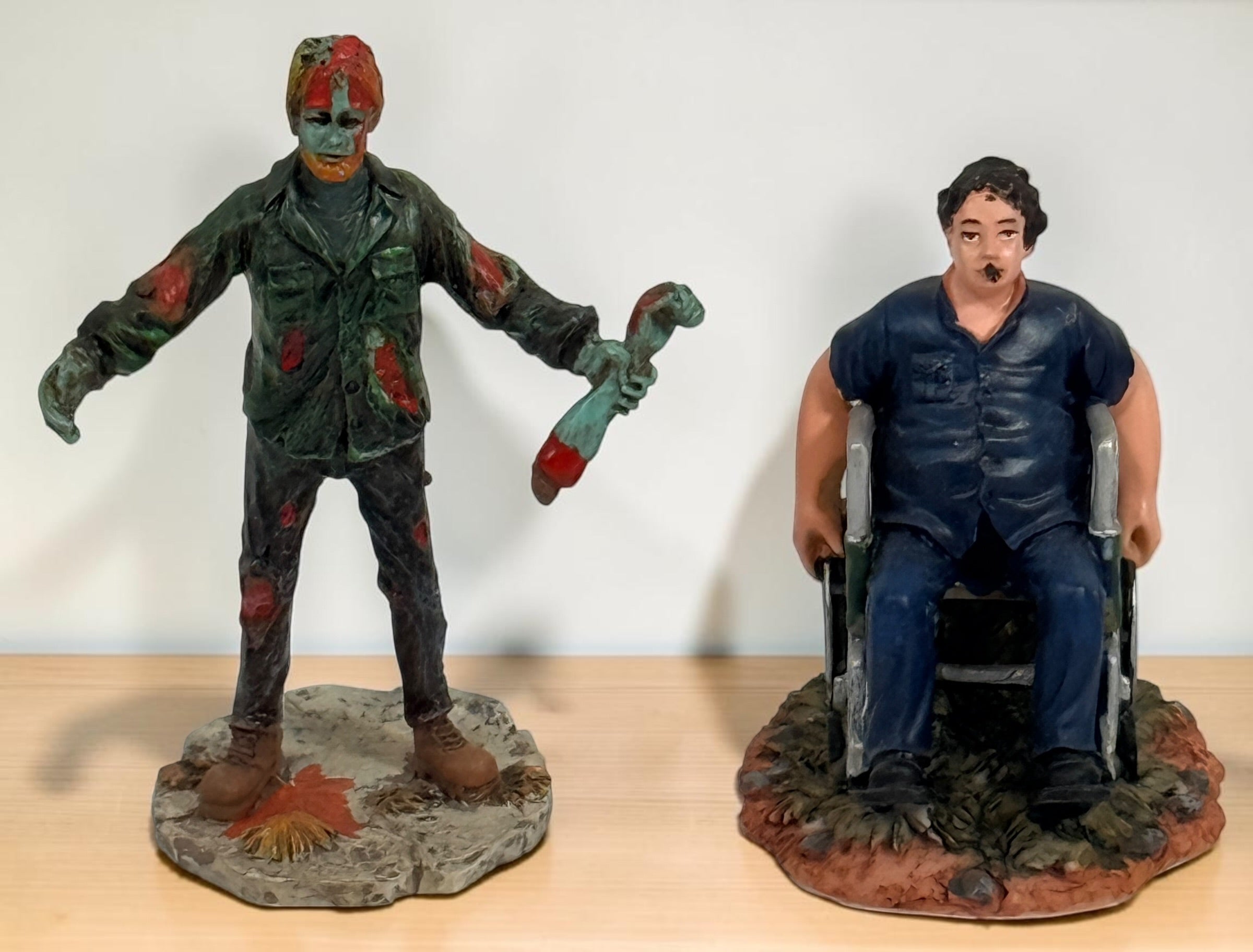 Retired Hawthorne Village horror figurine lot with Wolf Man, Mummy, Conductor, Franklin and Dawn of the Dead Helicopter Zombie.