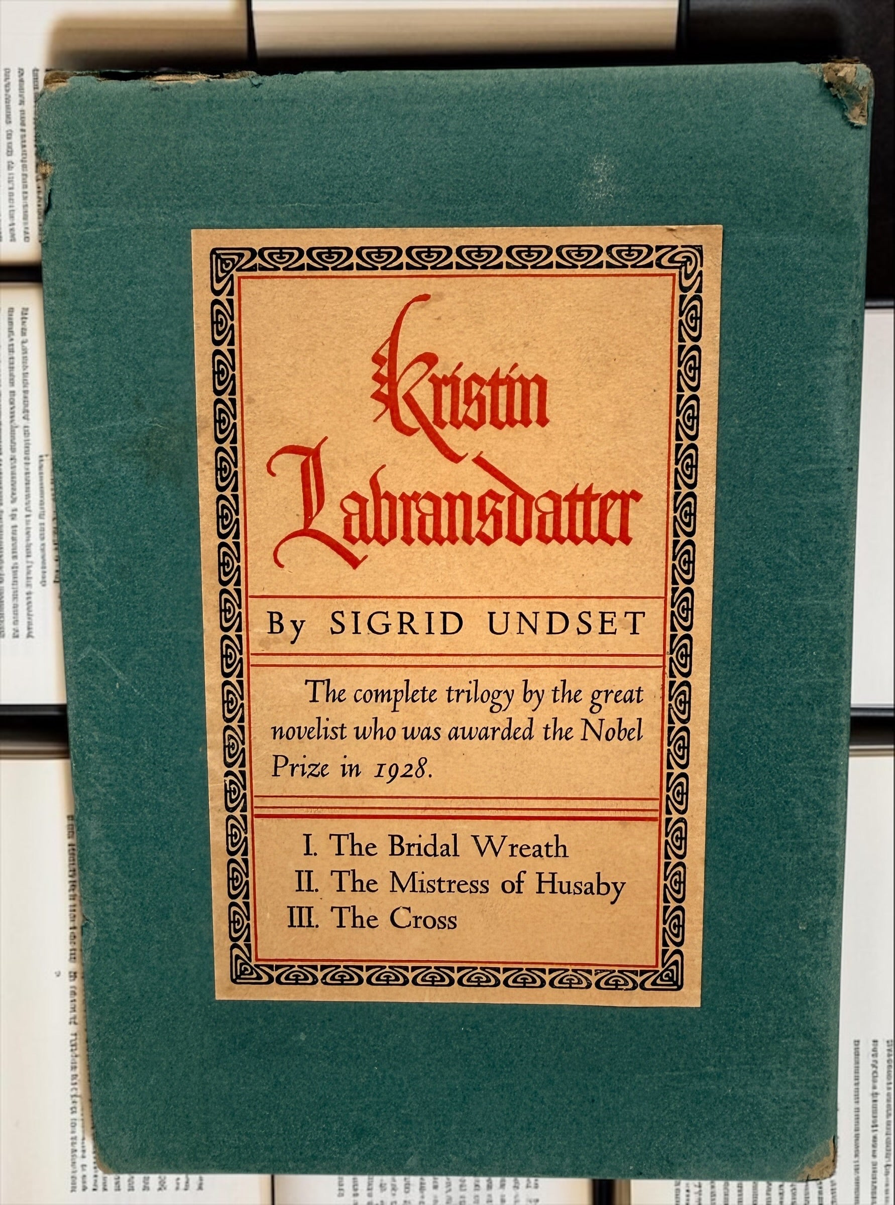 Vintage 1946 Kristin Lavransdatter trilogy by Nobel laureate Sigrid Undset. Complete three-volume Knopf hardcover set with original slipcase.