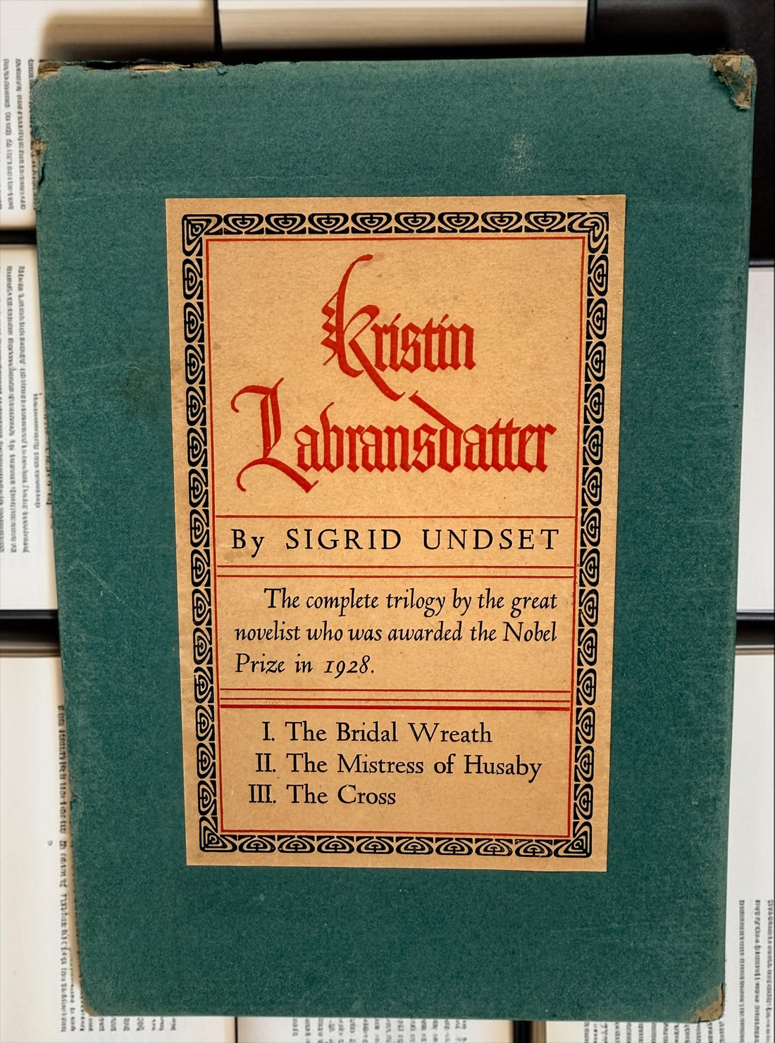 Vintage 1946 Kristin Lavransdatter trilogy by Nobel laureate Sigrid Undset. Complete three-volume Knopf hardcover set with original slipcase.