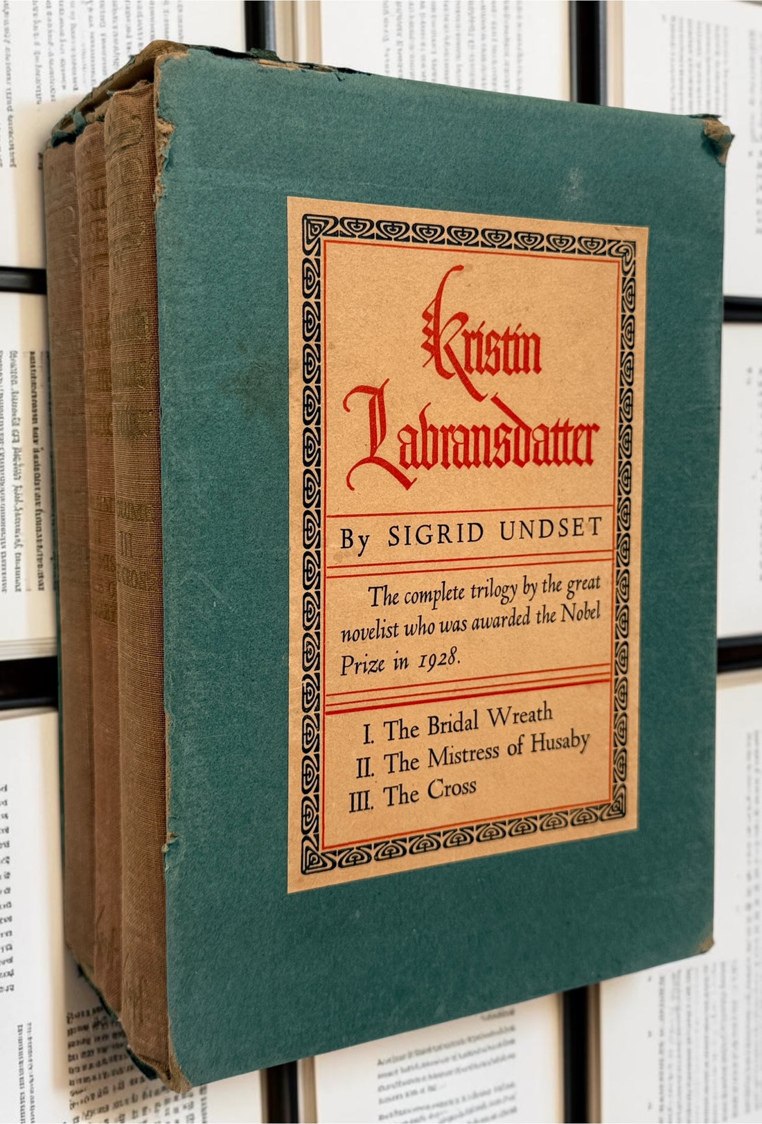 Vintage 1946 Kristin Lavransdatter trilogy by Nobel laureate Sigrid Undset. Complete three-volume Knopf hardcover set with original slipcase.