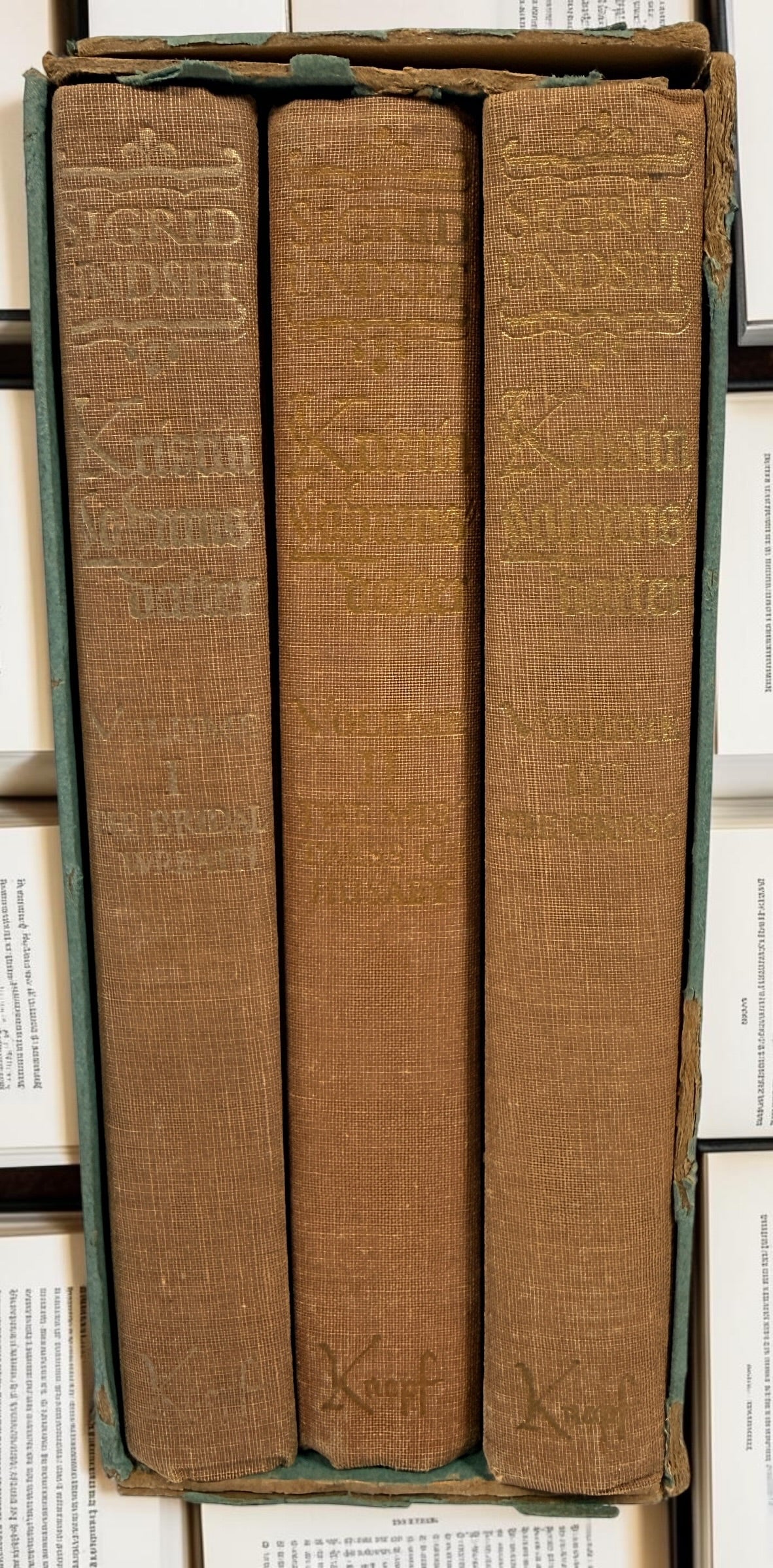 Vintage 1946 Kristin Lavransdatter trilogy by Nobel laureate Sigrid Undset. Complete three-volume Knopf hardcover set with original slipcase.