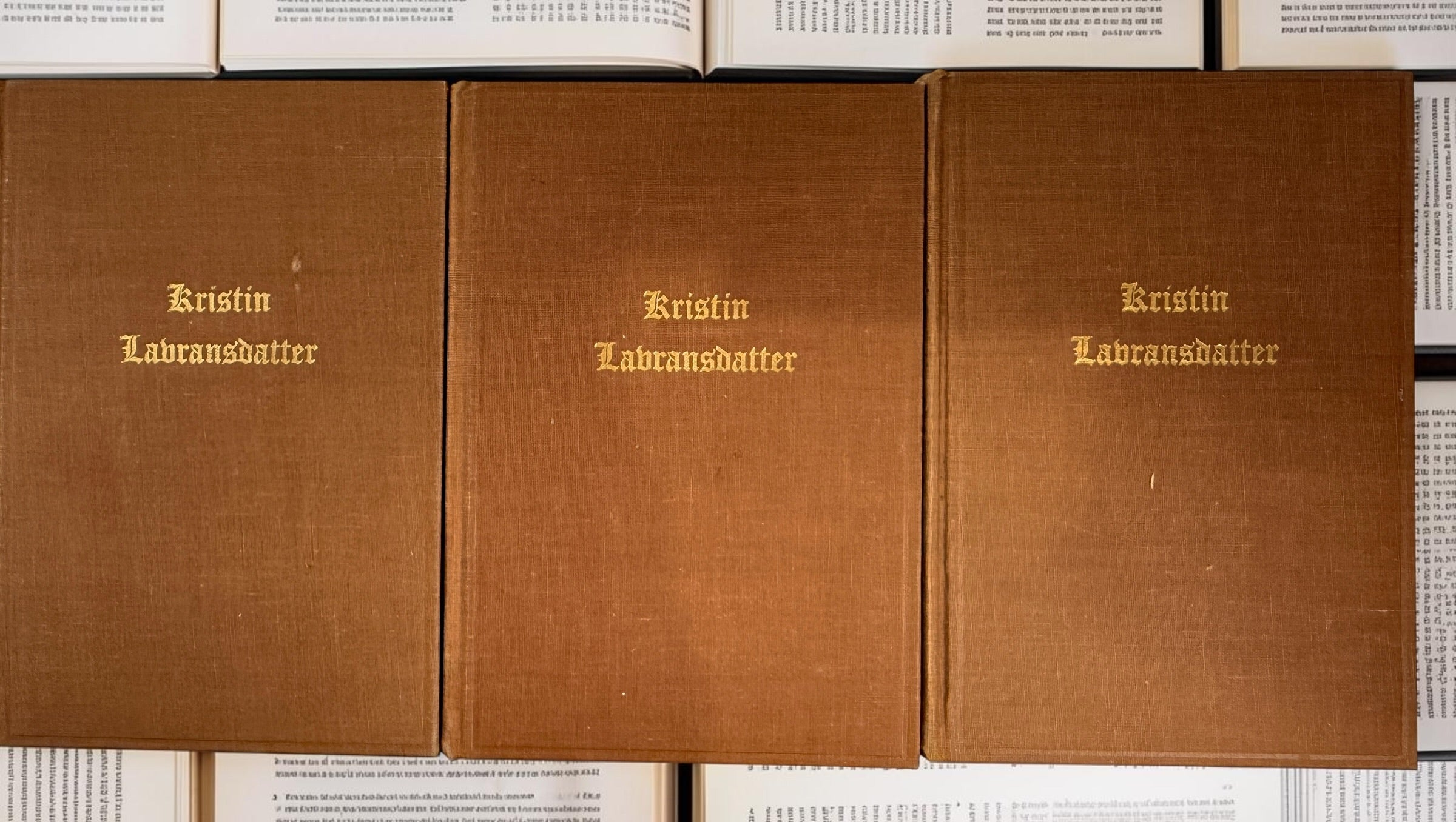 Vintage 1946 Kristin Lavransdatter trilogy by Nobel laureate Sigrid Undset. Complete three-volume Knopf hardcover set with original slipcase.