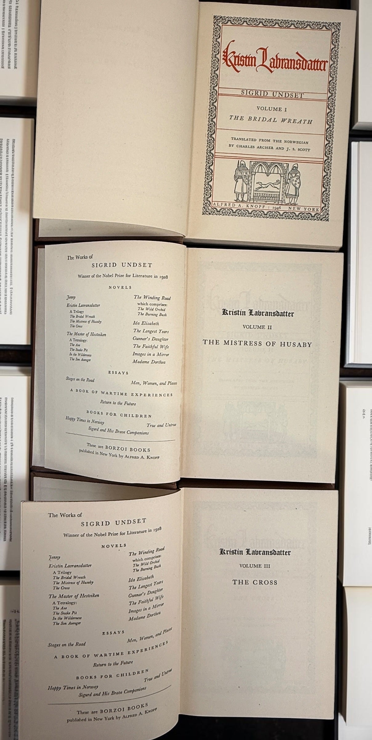 Vintage 1946 Kristin Lavransdatter trilogy by Nobel laureate Sigrid Undset. Complete three-volume Knopf hardcover set with original slipcase.