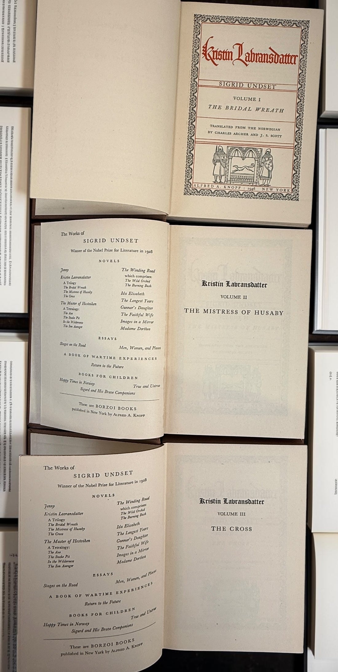 Vintage 1946 Kristin Lavransdatter trilogy by Nobel laureate Sigrid Undset. Complete three-volume Knopf hardcover set with original slipcase.