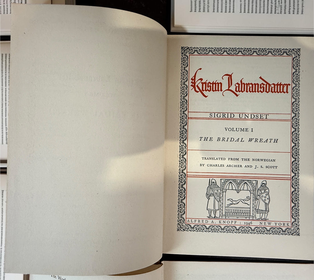Vintage 1946 Kristin Lavransdatter trilogy by Nobel laureate Sigrid Undset. Complete three-volume Knopf hardcover set with original slipcase.