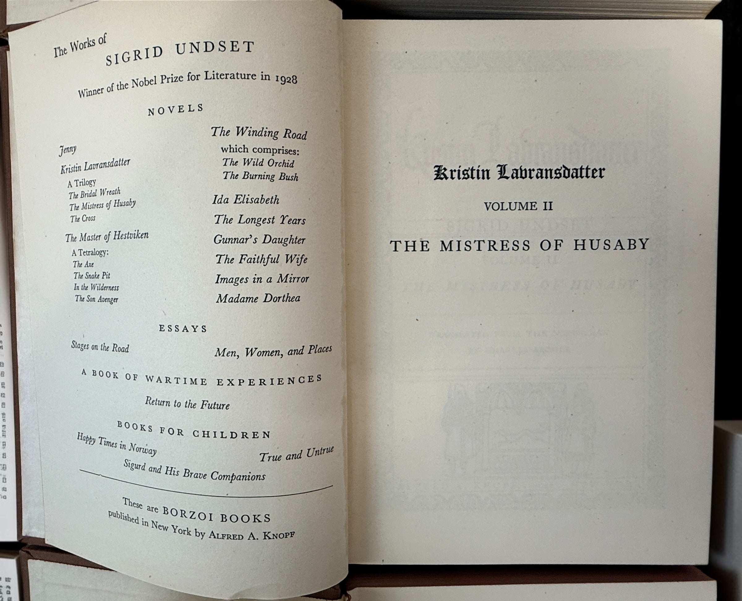 Vintage 1946 Kristin Lavransdatter trilogy by Nobel laureate Sigrid Undset. Complete three-volume Knopf hardcover set with original slipcase.