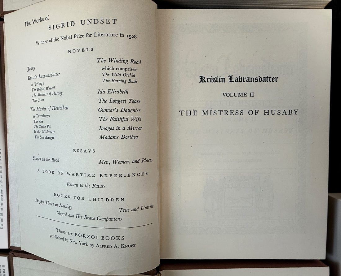 Vintage 1946 Kristin Lavransdatter trilogy by Nobel laureate Sigrid Undset. Complete three-volume Knopf hardcover set with original slipcase.