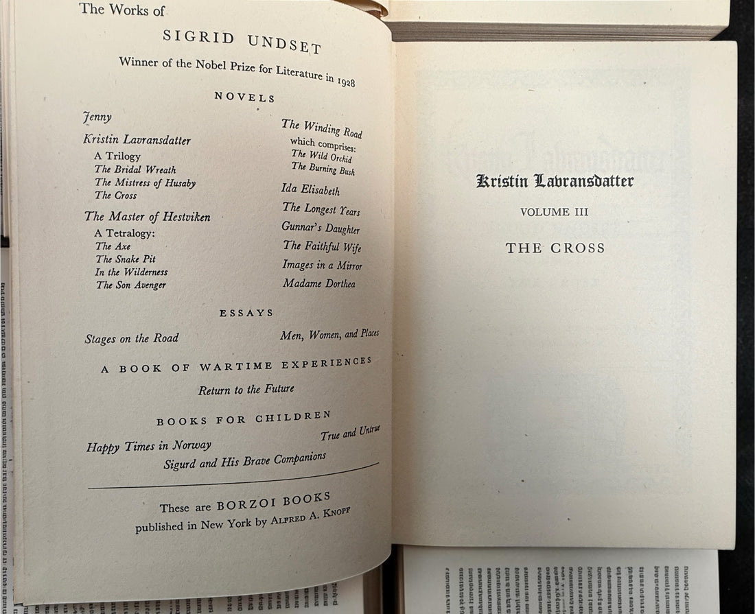 Vintage 1946 Kristin Lavransdatter trilogy by Nobel laureate Sigrid Undset. Complete three-volume Knopf hardcover set with original slipcase.
