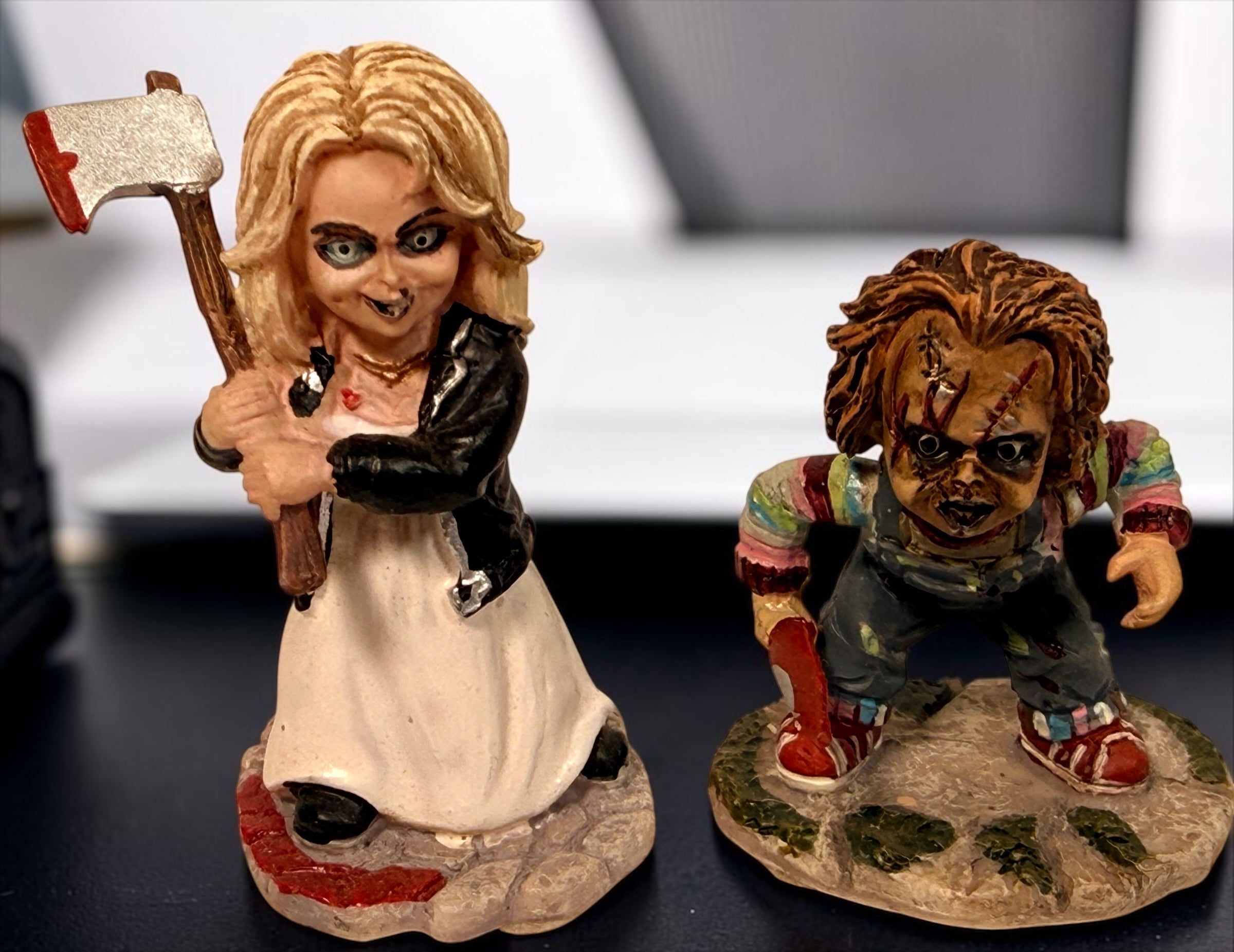 Official 2006 Hawthorne Village Bride of Chucky figurine pair featuring Chucky and Tiffany from the discontinued Horror Classics collection