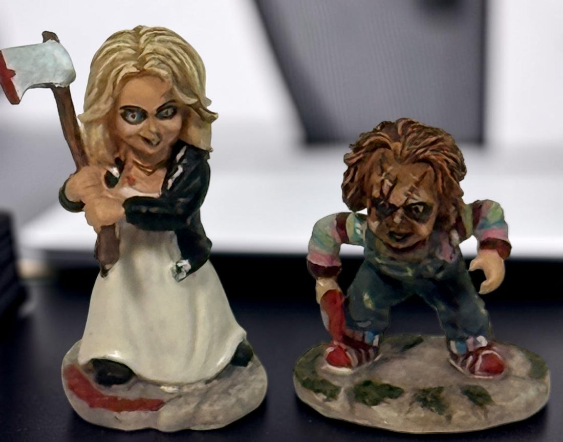 Official 2006 Hawthorne Village Bride of Chucky figurine pair featuring Chucky and Tiffany from the discontinued Horror Classics collection
