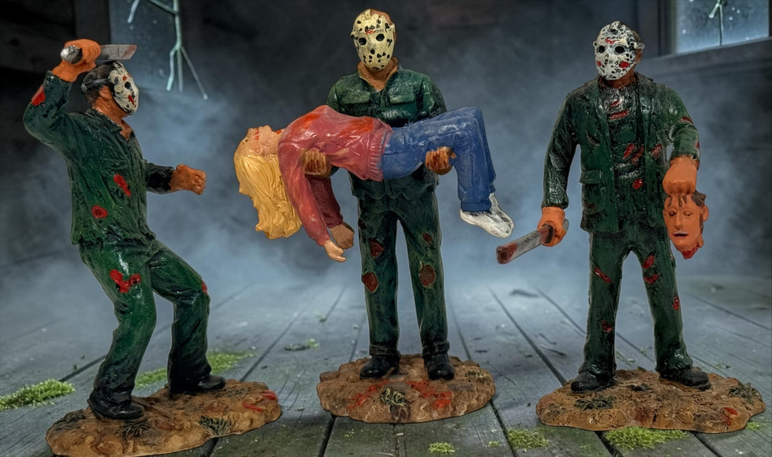 Hawthorne Village Friday the 13th Jason Voorhees set of 3 horror figurines, including Jason Strikes Again. Official 2005 New Line collectible.