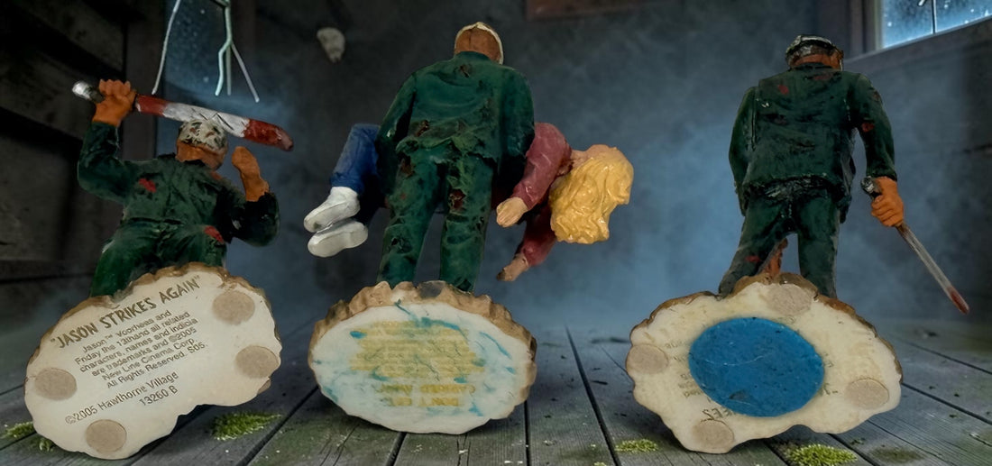 Hawthorne Village Friday the 13th Jason Voorhees set of 3 horror figurines, including Jason Strikes Again. Official 2005 New Line collectible.
