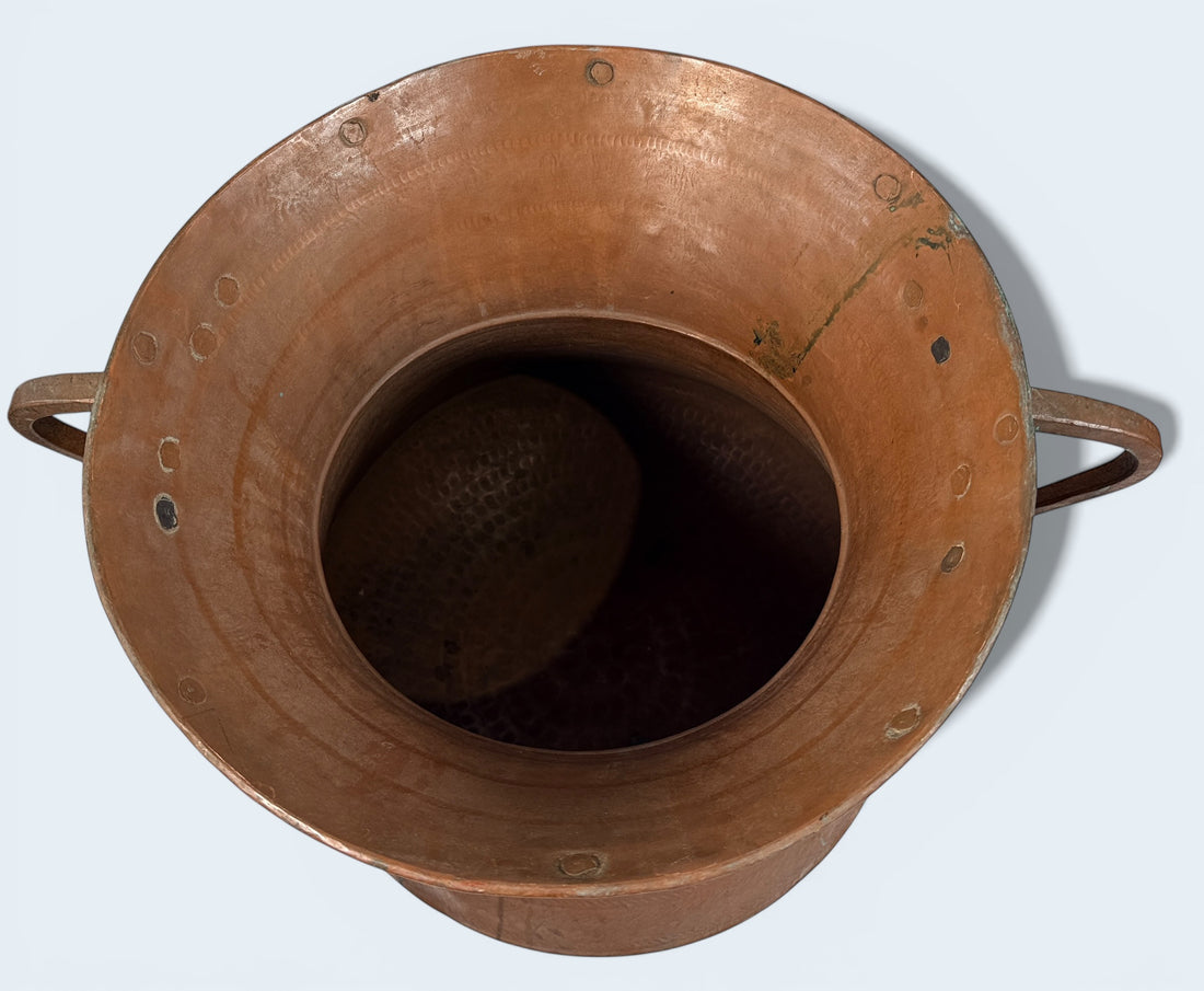 Vintage 19th-century hammered copper dairy cauldron with forged iron handles. Rustic farmhouse decor piece with workshop stamp and patina. European provincial.