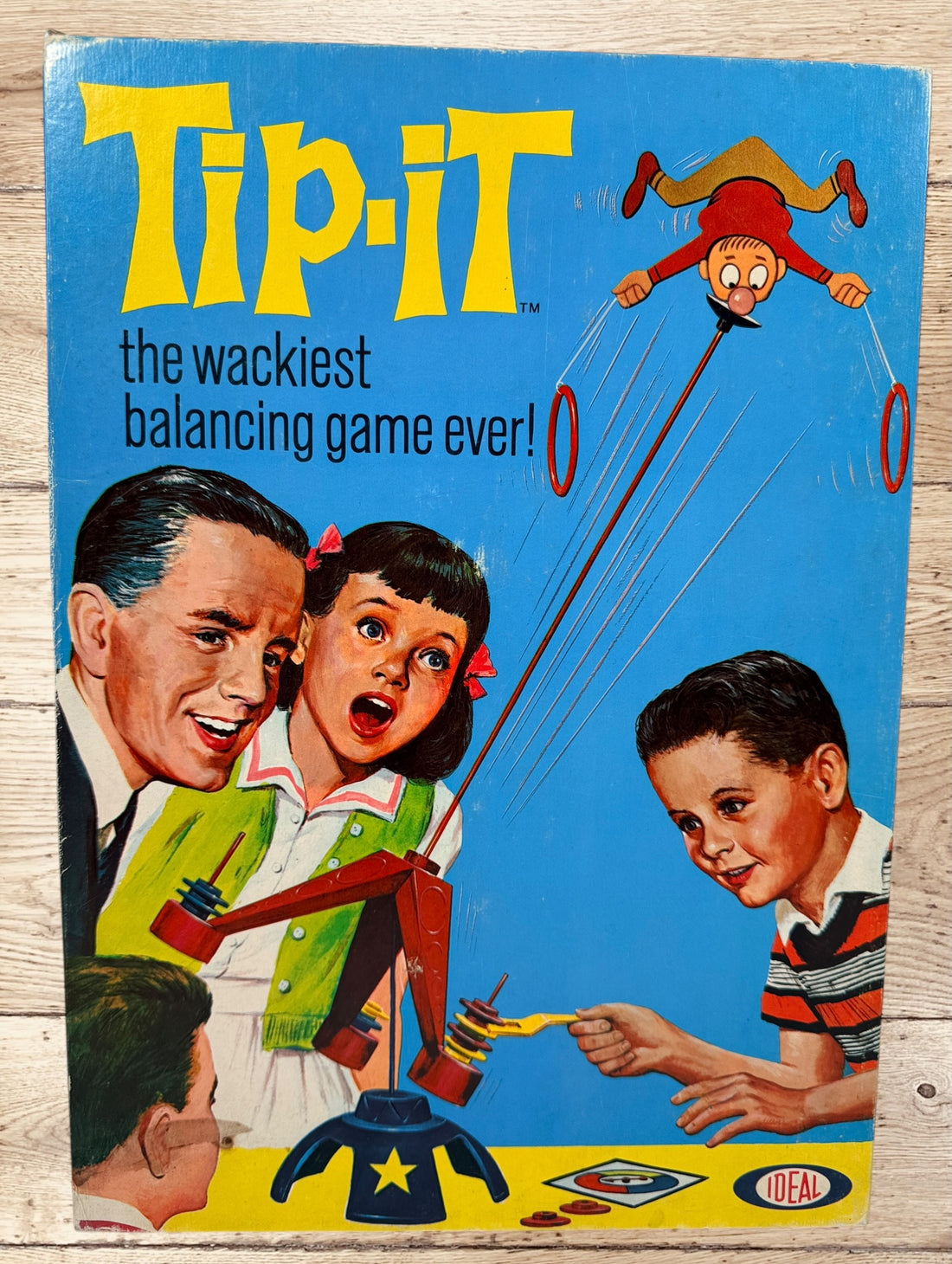 Vintage 1965 Ideal Tip-It balancing game, complete set with box and instructions. Canadian-made 1960s family collectible toy.