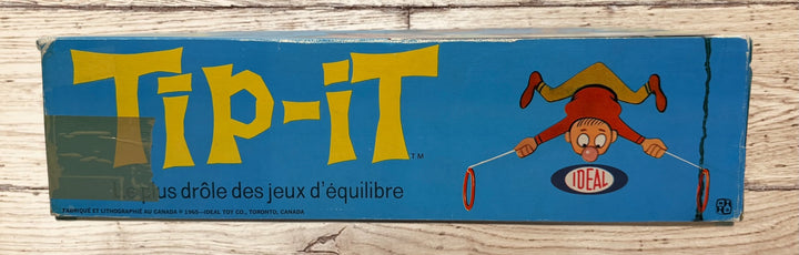 Vintage 1965 Ideal Tip-It balancing game, complete set with box and instructions. Canadian-made 1960s family collectible toy.