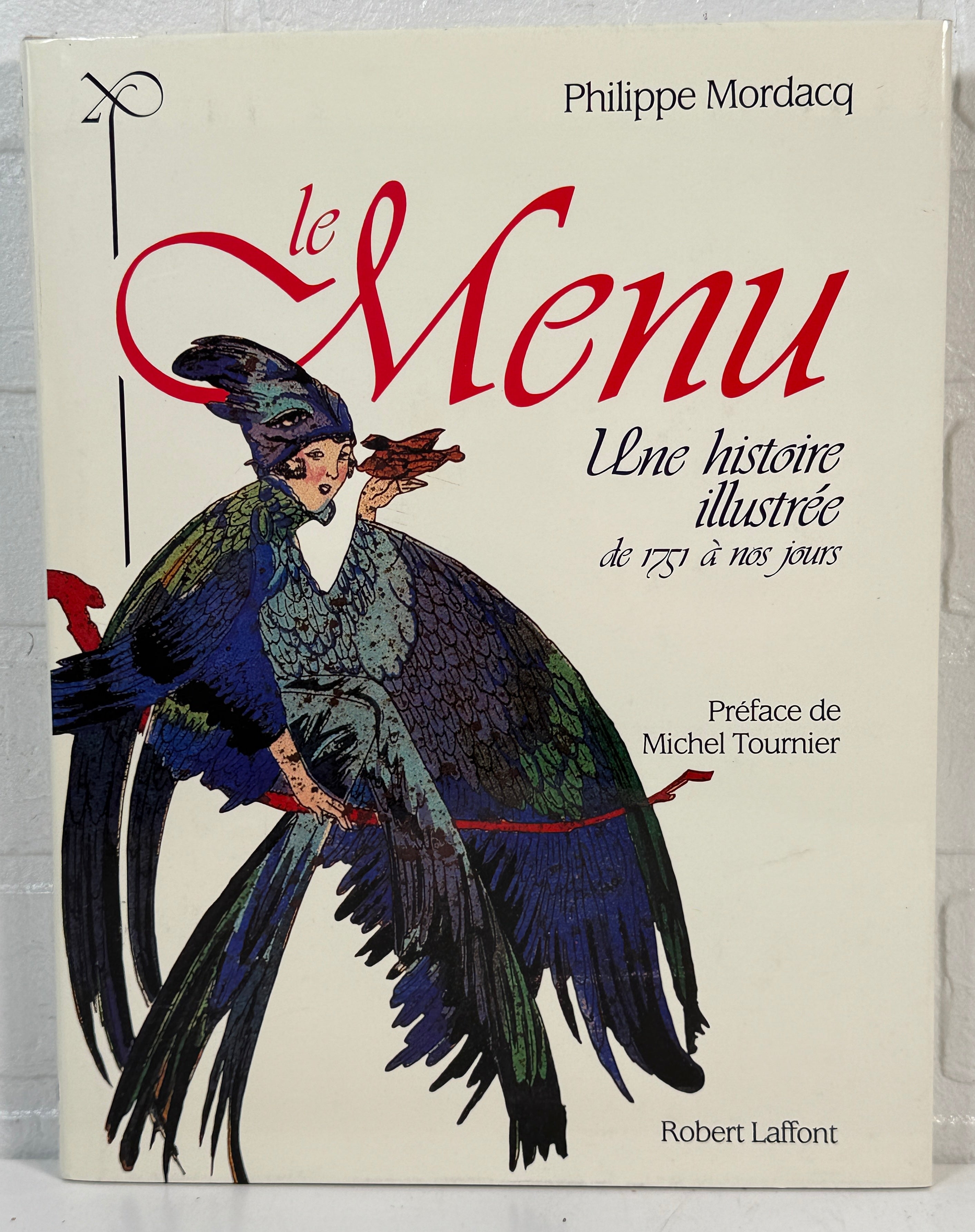 Book cover of 'Le Menu' by Philippe Mordacq with illustration of a woman in a fancy dress holding a menu.