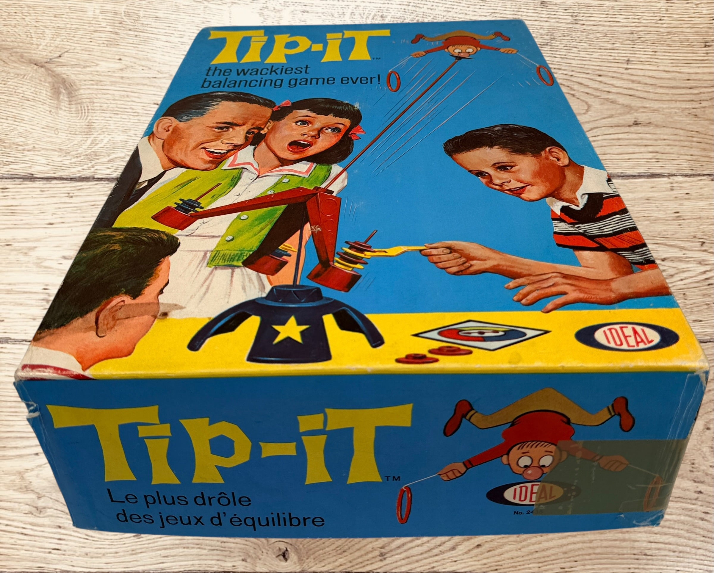 Vintage 1965 Ideal Tip-It balancing game, complete set with box and instructions. Canadian-made 1960s family collectible toy.