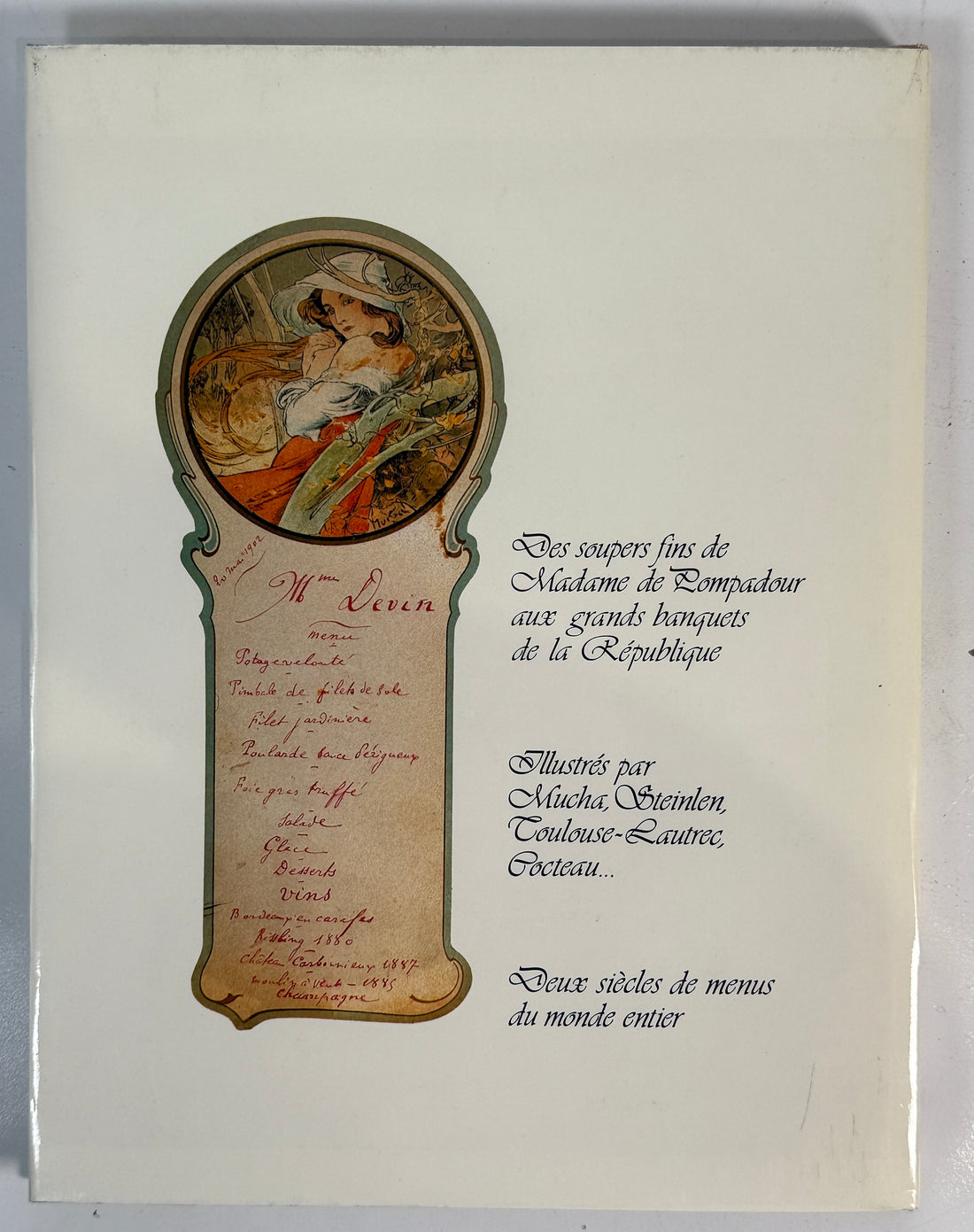 Decorative menu cover with artistic illustration and text on a light gray background
