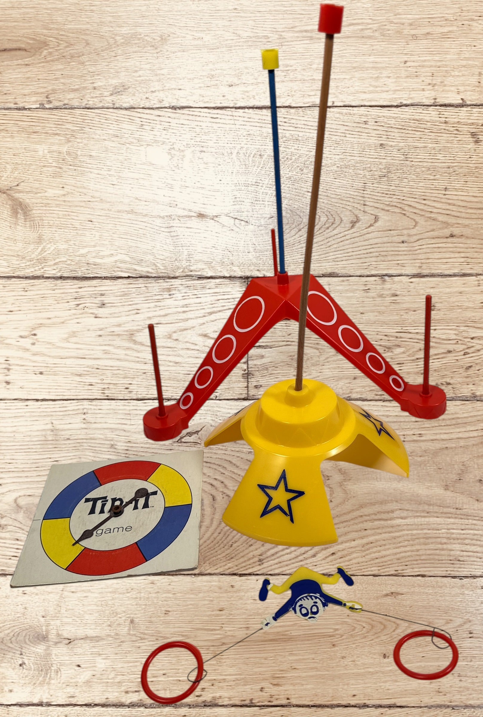 Vintage 1965 Ideal Tip-It balancing game, complete set with box and instructions. Canadian-made 1960s family collectible toy.