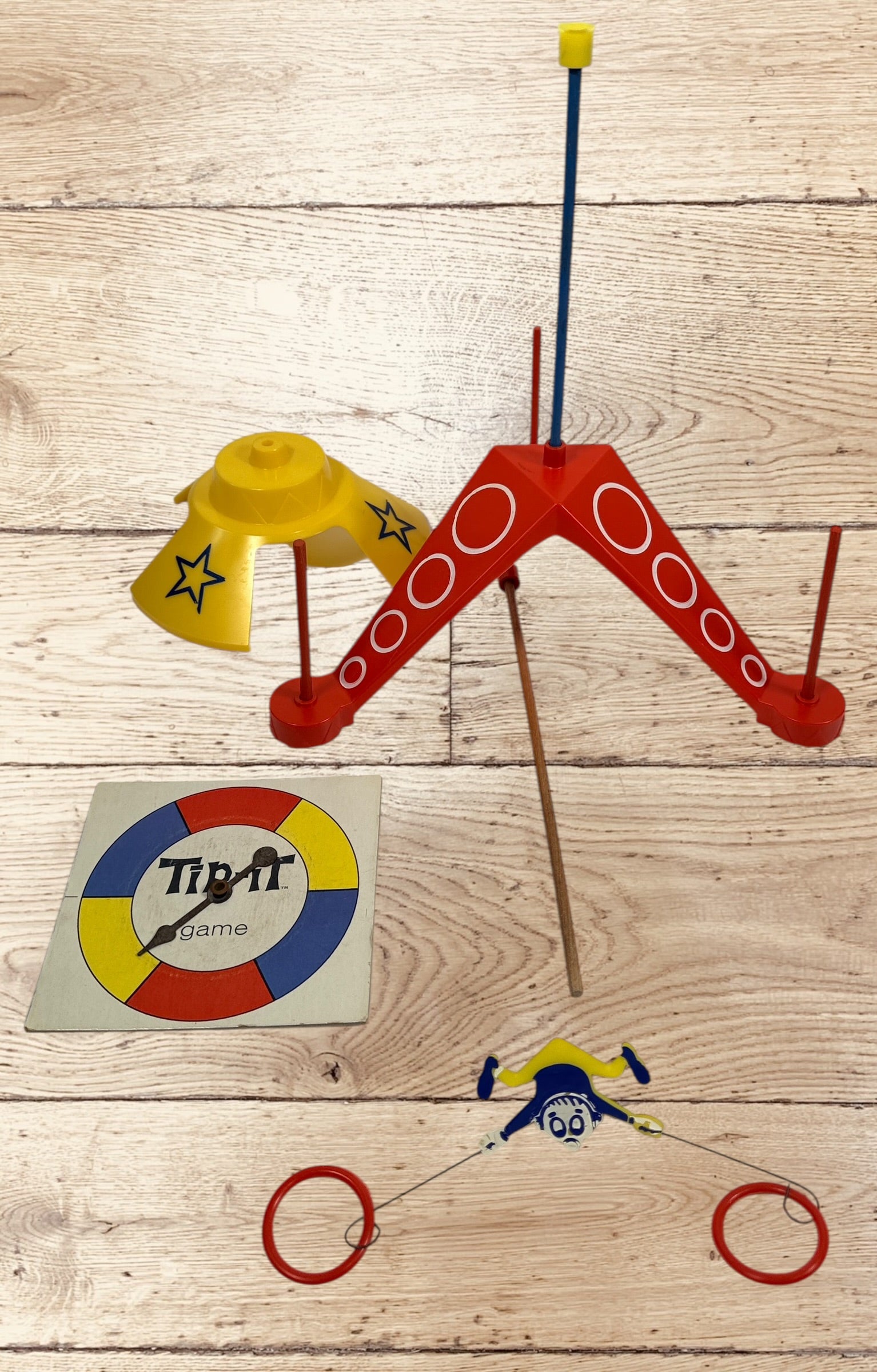 Vintage 1965 Ideal Tip-It balancing game, complete set with box and instructions. Canadian-made 1960s family collectible toy.