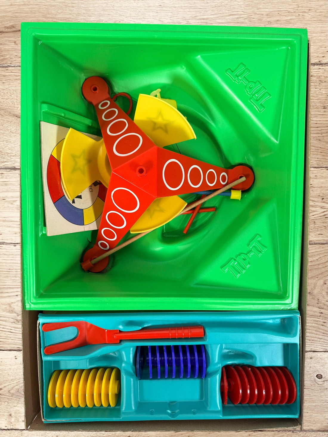 Vintage 1965 Ideal Tip-It balancing game, complete set with box and instructions. Canadian-made 1960s family collectible toy.
