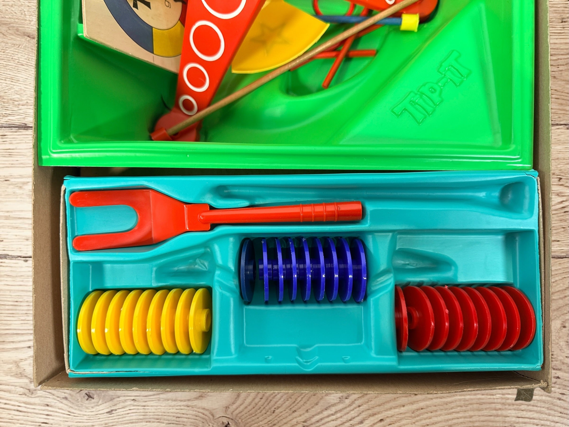 Vintage 1965 Ideal Tip-It balancing game, complete set with box and instructions. Canadian-made 1960s family collectible toy.