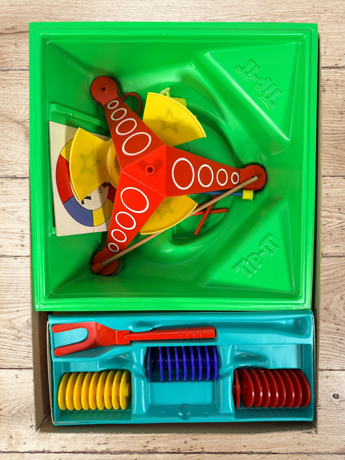 Vintage 1965 Ideal Tip-It balancing game, complete set with box and instructions. Canadian-made 1960s family collectible toy.