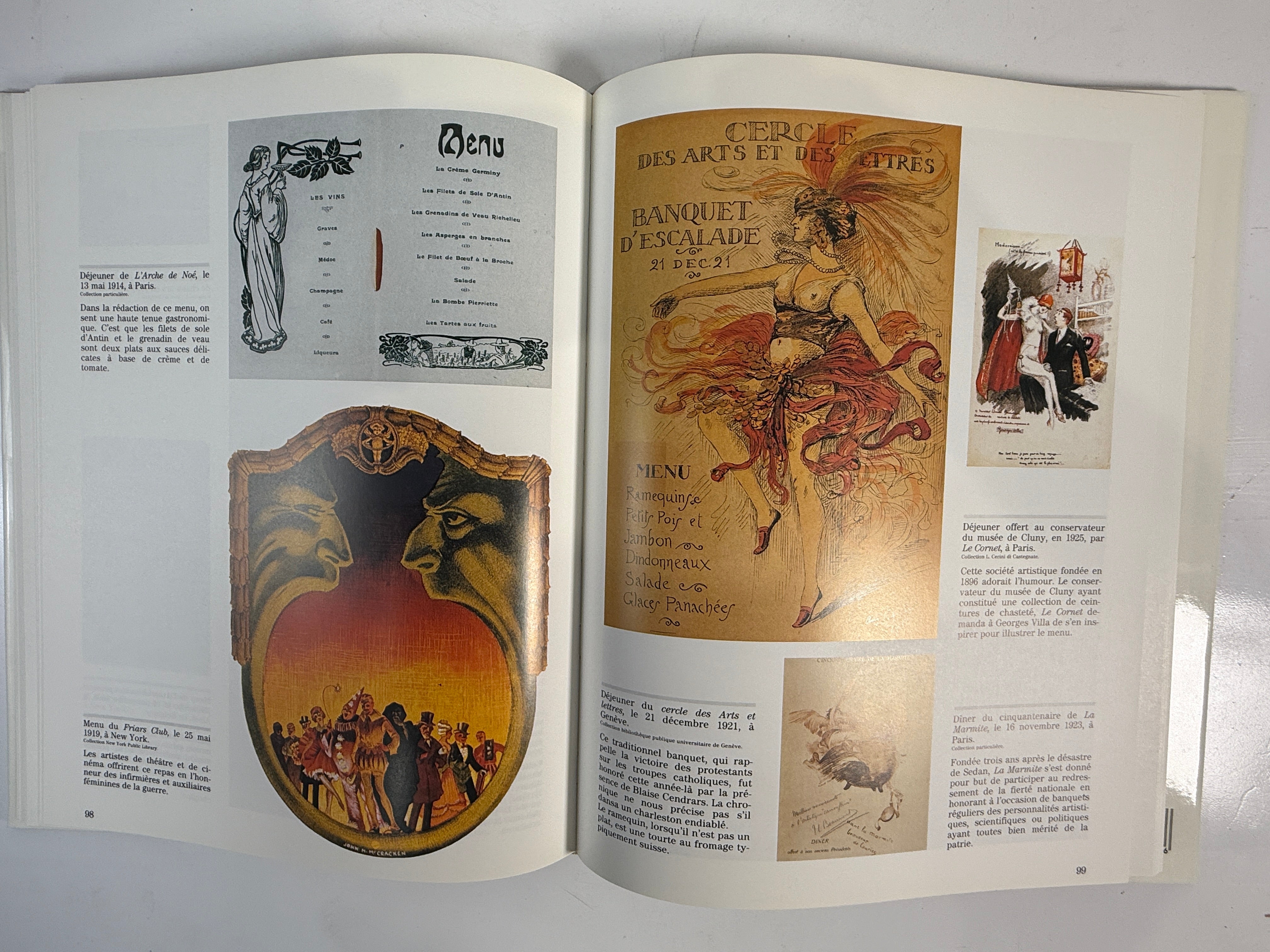 Open book with artistic illustrations and text on a white background