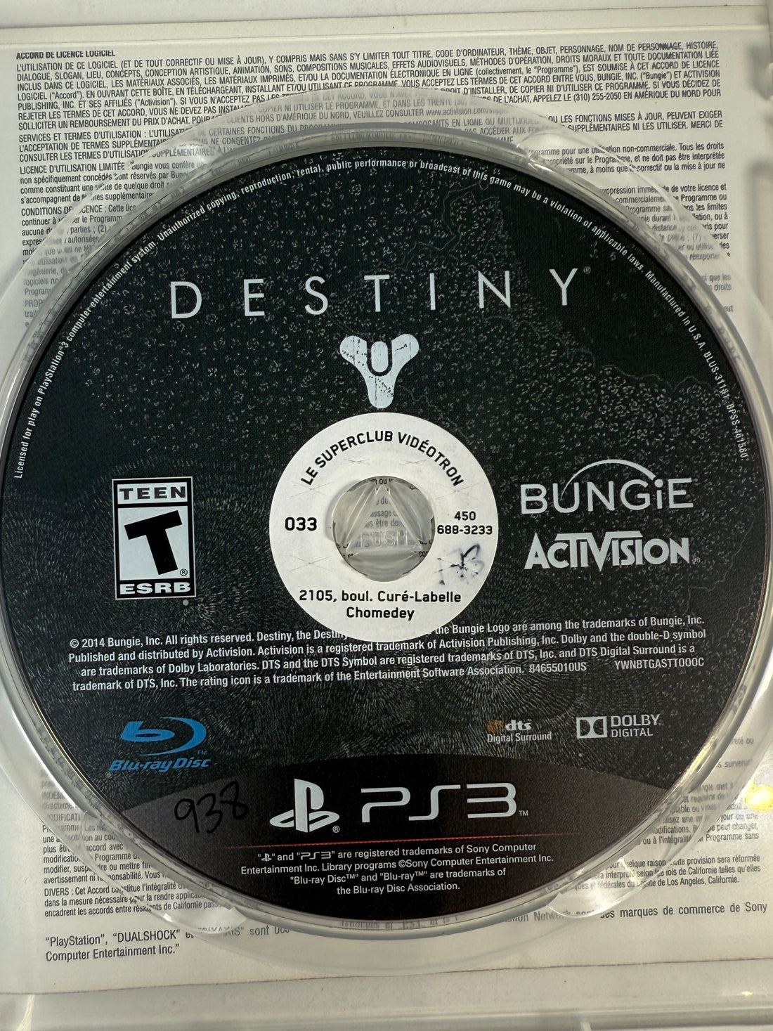 Blu-ray disc for 'Destiny' game with Bungie and Activision branding on a clear plastic sleeve.