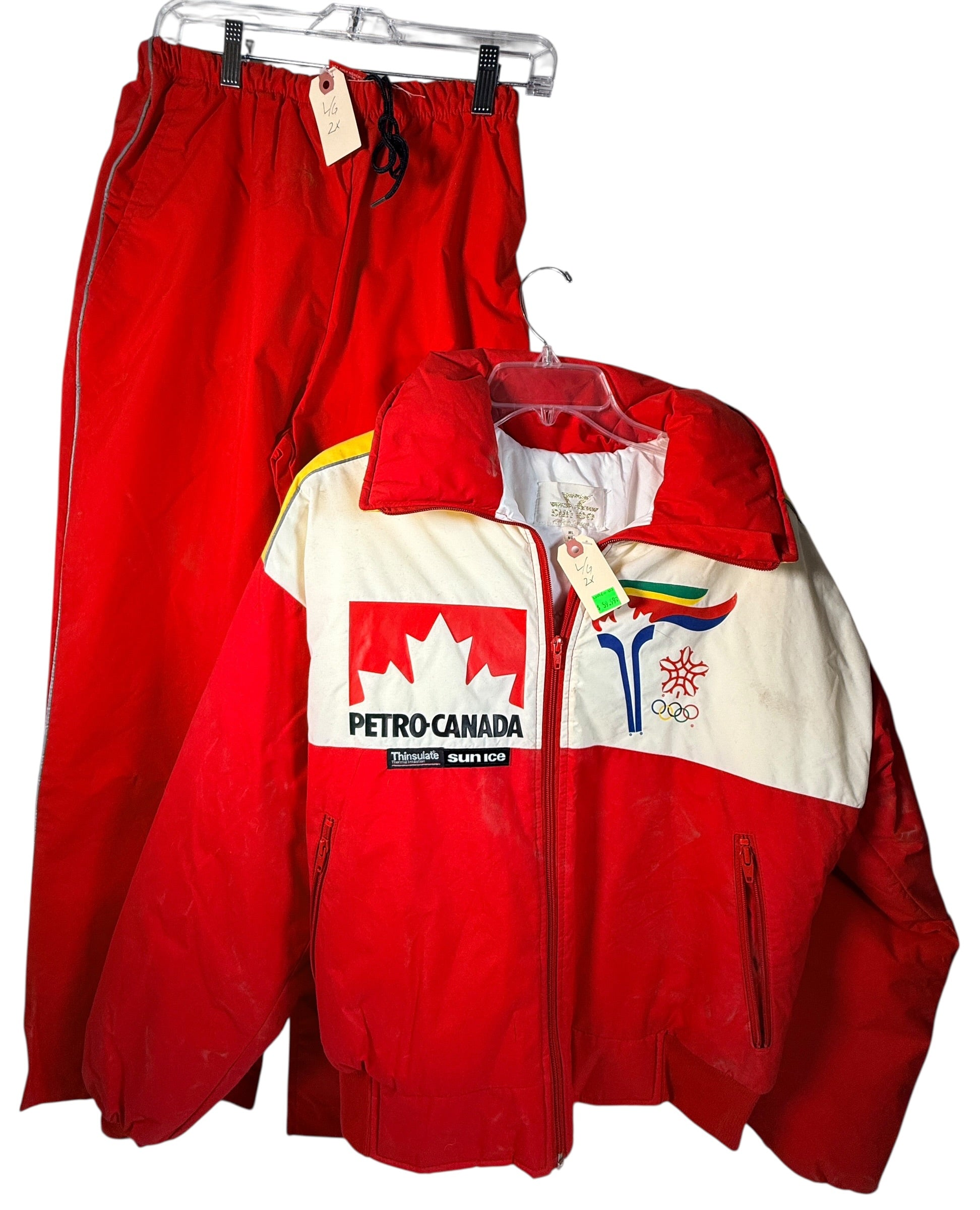 1988 Calgary Olympic Sun Ice Canada ski suit with Petro-Canada sponsor logos. Jacket + pants ML. Collectible retro ski gear, rare Canadian Olympic set.