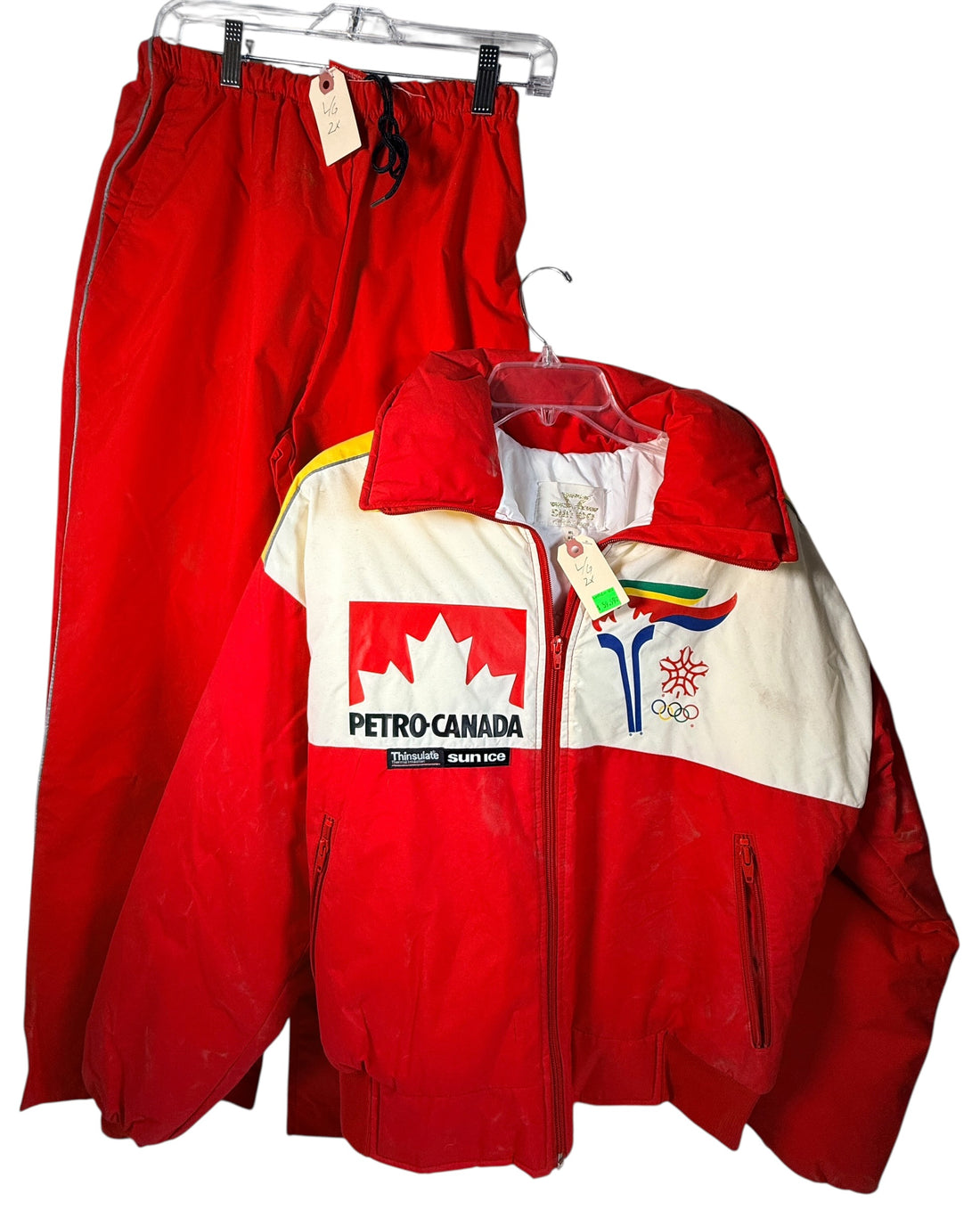 1988 Calgary Olympic Sun Ice Canada ski suit with Petro-Canada sponsor logos. Jacket + pants ML. Collectible retro ski gear, rare Canadian Olympic set.